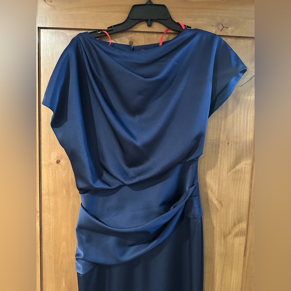 Halston Lissandra Satin Navy Blue Draped Gown - Picture 3 of 5
